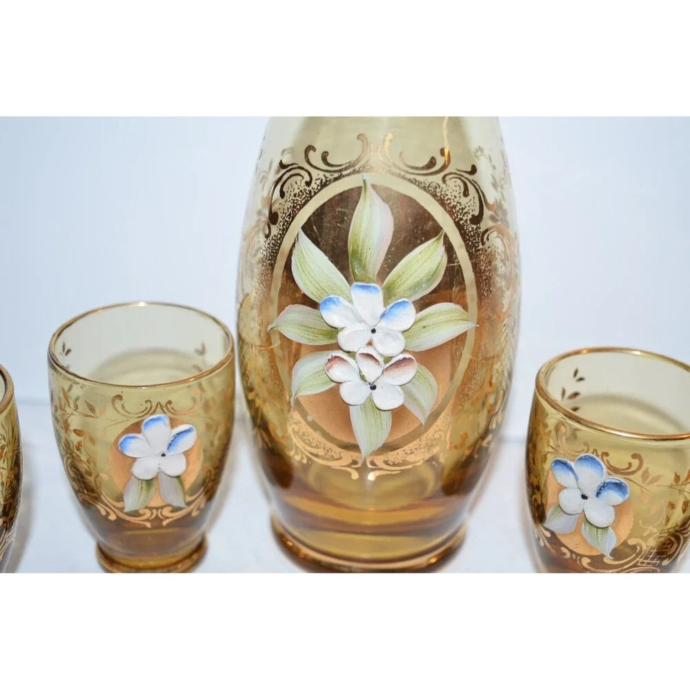 Vtg Murano Venetian Art Glass Decanter Cordial Glass set gold Barware flaws‎